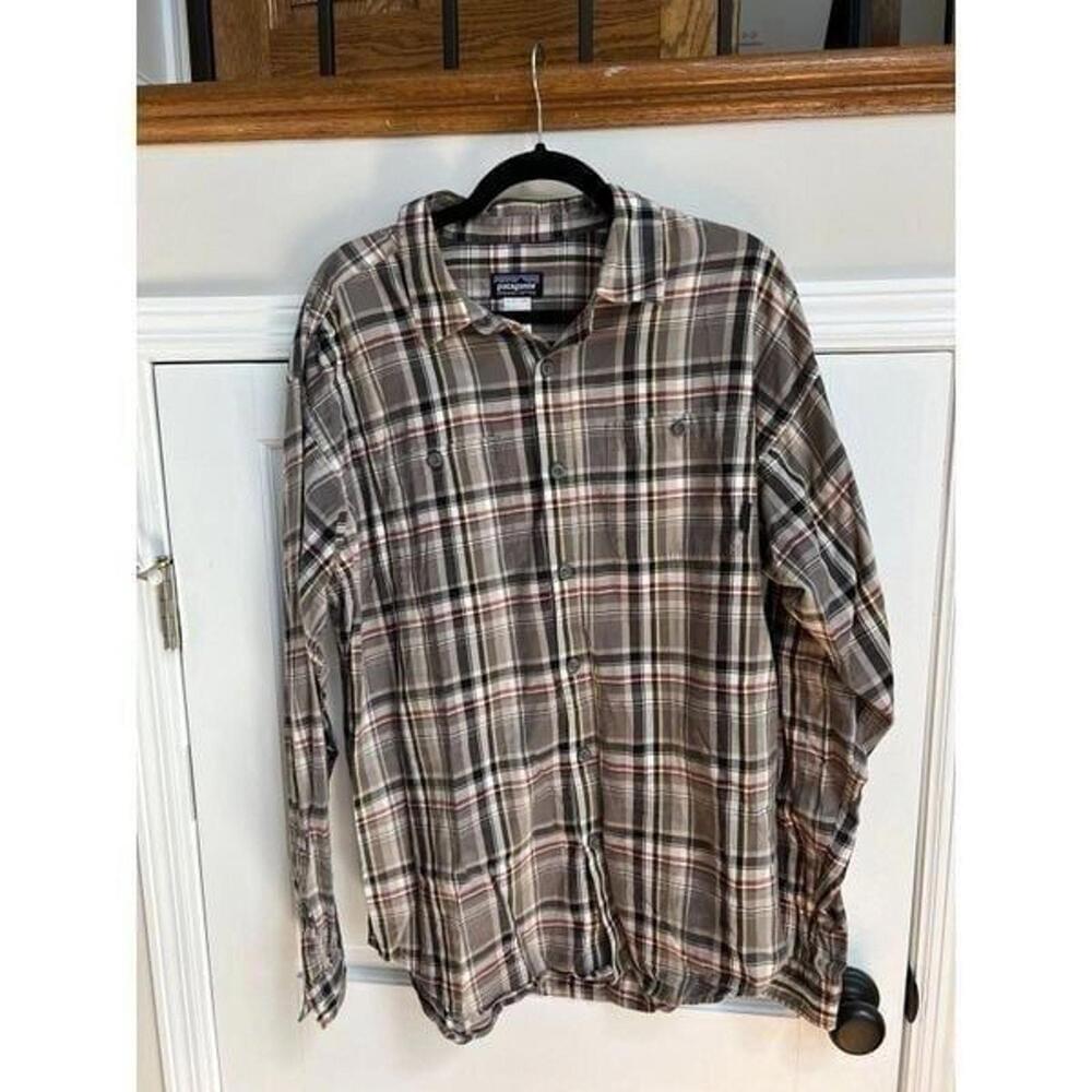 Patagonia Shirt Mens Large Organic Cotton Flannel Plaid Grey Maroon Yellow